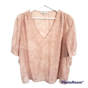 Madwell Silk V-neck Short Sleeve Blouse In Pindot Blooms Size Large